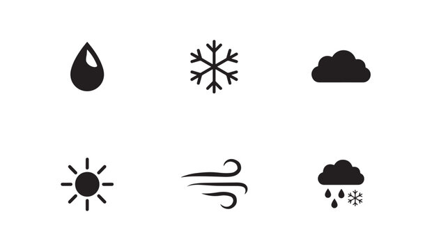 Weather forecast icon set including sun cloud rain and snowflake on transparent background.
