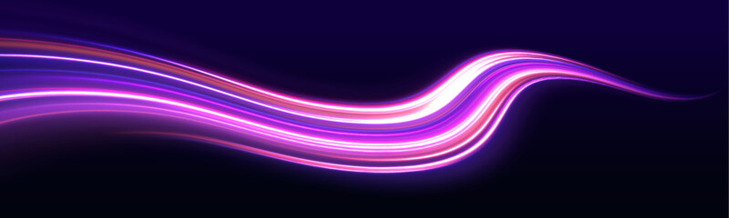 High speed city traffic, glowing neon laser lines on dark background. Light wave and futuristic energy trail motion and flow. Abstract urban streaming visualization, vector illustration. © ikril