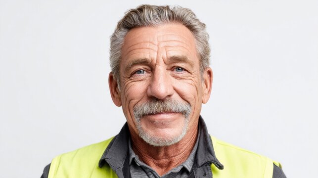 Mature construction worker with mustache and gray hair wearing a high visibility vest