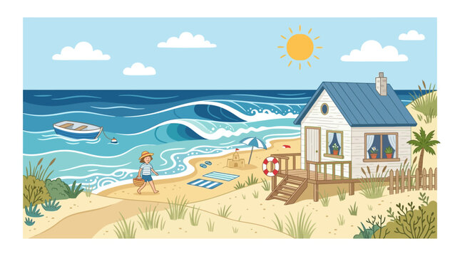 Beach house with blue roof ocean view.