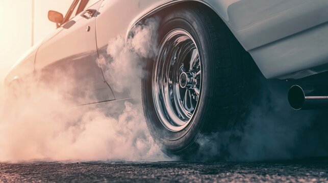 Vintage muscle car performing a burnout with smoke billowing from spinning rear tires on an asphalt road during a sunny day event