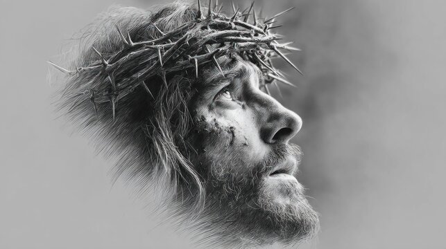 Jesus Christ with crown of thorns, looking upwards with suffering and hope in his eyes