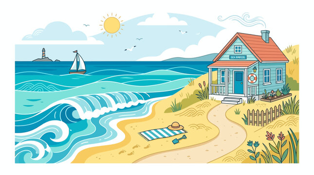 Beach house with red roof and blue door.
