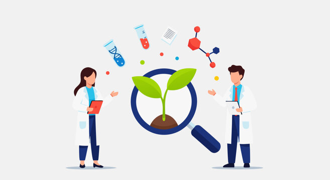 Scientists examining a plant in a laboratory with various scientific tools and equipment