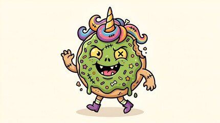 Fototapeta premium Zombie Unicorn Donut Mascot - Cute vector illustration of a green zombie donut monster character waving.