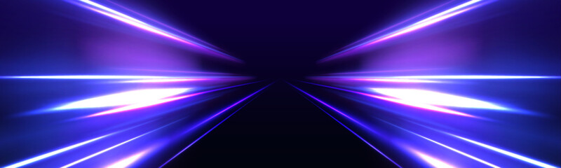Obraz na płótnie Canvas Abstract image of speed motion on the road. Vector glitter light fire flare trace. Dark blue abstract background with ultraviolet neon glow, blurry light lines, waves 