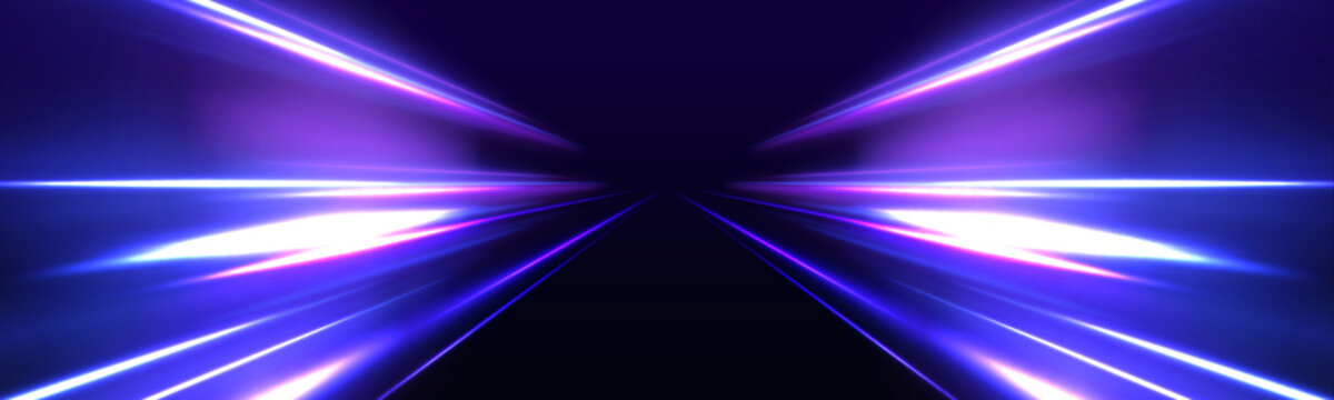 Abstract image of speed motion on the road. Vector glitter light fire flare trace. Dark blue abstract background with ultraviolet neon glow, blurry light lines, waves	