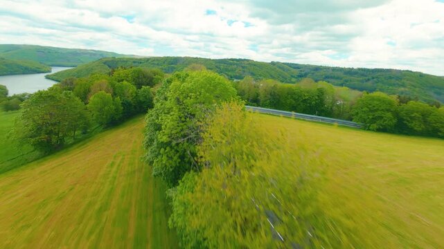 FPV Drone flight at lake Rursee, Eifel, Germany