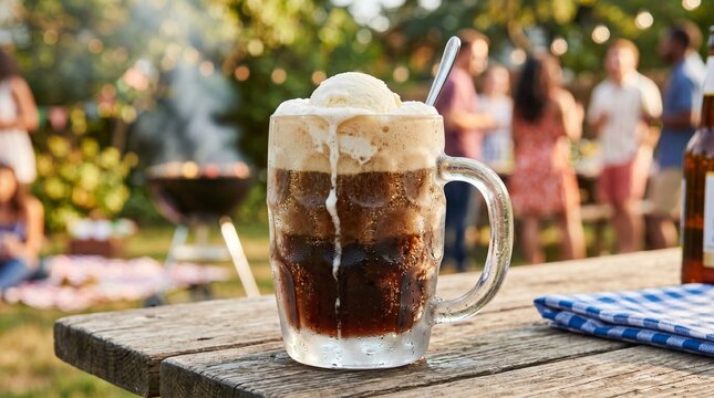 Frosted Glass Mug of Root Beer Float at a Backyard BBQ