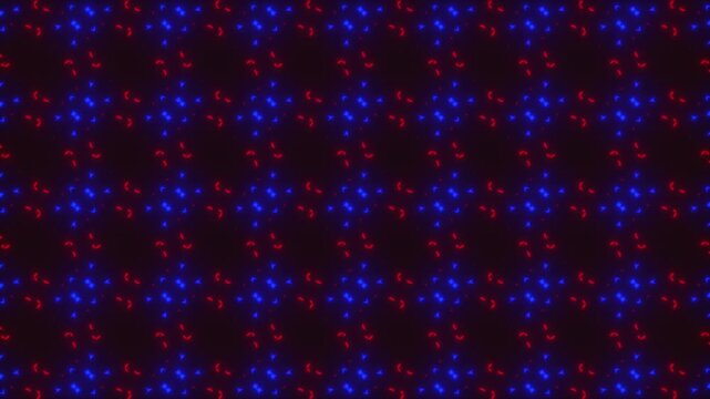 Abstract neon geometric pattern with glowing red and blue light particles, futuristic dark background for technology and digital design. Ideal for technology-themed presentations, digital interfaces.