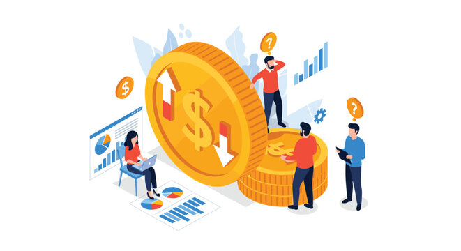 Business people standing on giant gold coins observing financial market fluctuations and economic growth trends.