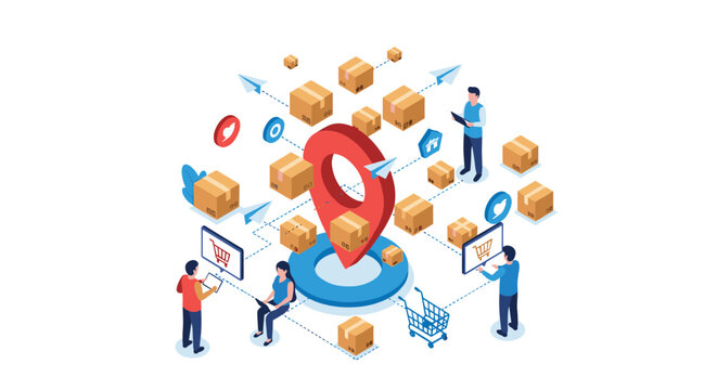 Global logistics and e-commerce map showing delivery boxes, airplanes, and people managing orders via computers.
