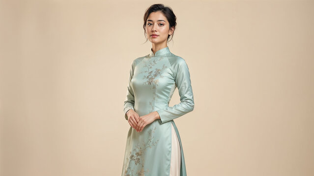 A woman wears an elegant mint green Vietnamese ao dai against a soft neutral background, highlighting the graceful lines of this traditional silk dress.