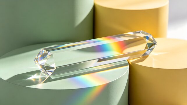 Luxury 3D crystal prism refracting rainbow light on geometric shapes