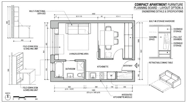 Compact apartment furniture planning board and layout option b with engineering details