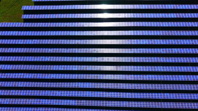 Multiple horizontal photovoltaic rows showcasing strong white glare on a sunny day. Clean energy solar panels array under bright sunlight.