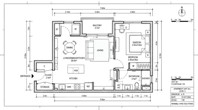 Architectural floor plan layout for compact residential apartment
