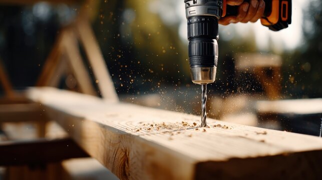 Handheld cordless drill creating wood shavings while drilling into a wooden plank during outdoor woodworking craftsmanship on a sunny day