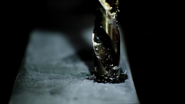 Close-up macro shot of a metallic twisting drill bit drilling a dark metallic surface, stained with metal shavings and lubricant. Metal processing. Construction works. B-roll 4K slow motion footage