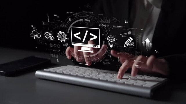 Modern web development concept featuring coding symbols, web development process, web development interface, and web development tools with futuristic design. Muxer