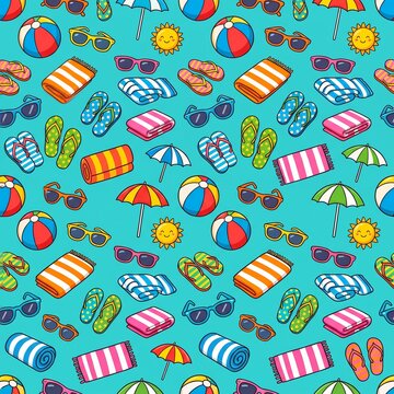 Colorful beach vacation seamless pattern with summer accessories and pool items