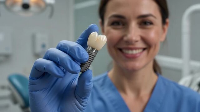 Smiling female dentist holds a close-up model of a dental implant. A professional doctor demonstrates a modern method of dental prosthetics and restoration in a bright dental clinic.