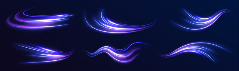 Naklejka na ściany i meble City traffic and highway networks glow, neon laser speed lines. Light gradien wave set, futuristic energy purple, blue trail on dark background, futuristic concept. Abstract data visualization, vector