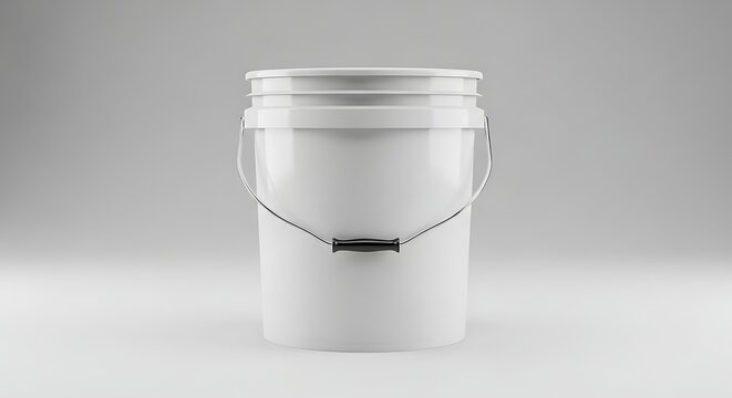 Clean white plastic bucket with a metal handle for industrial storage and construction site supplies. 5 gallon bucket