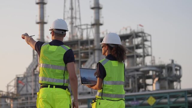 Workers examine plans at an industrial site during sunset in an urban area of a city