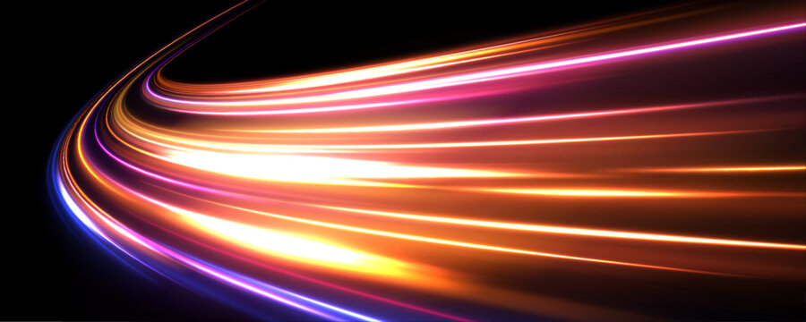 Sports light lines with neon effect in hay red and pink. Energy flow tunnel. Vector dark blue abstract background with ultraviolet neon glow, blurry light lines, waves. Abstract futuristic background.