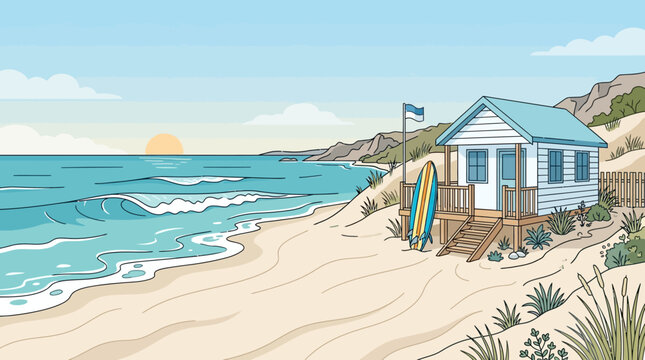 Beach house with blue roof surfboards.