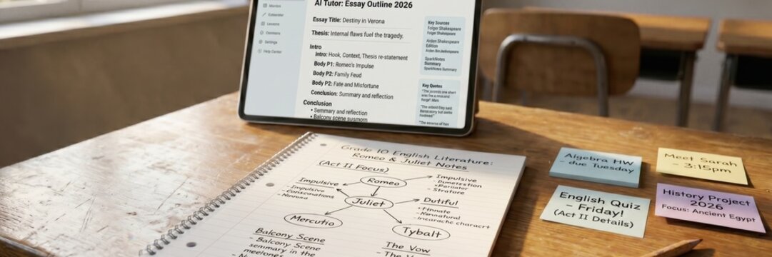 English literature essay outline with ai tutor on classroom desk. Concept of AI writing support, literature study, essay planning, homework deadlines, and academic workflow. Banner