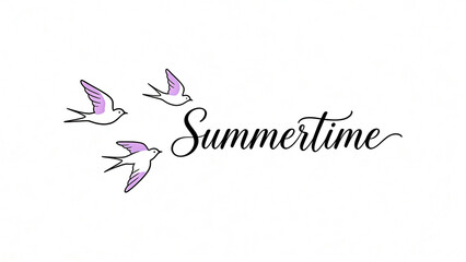 Fototapeta premium Flying birds over handwritten summertime text on light background with soft shadows