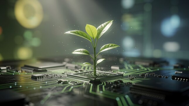 A small green plant grows from the center of a microchip, symbolizing the fusion of technology and nature under a beam of light.