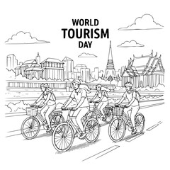 Naklejka premium World Tourism Day vector illustration, cycling in Bangkok
