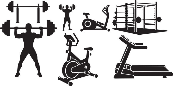 Fitness icons, gym equipment, workout symbols, exercise illustrations