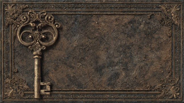 Vintage Key Framed with Ornate Border in Mysterious Atmosphere Suitable for Creative Projects and Editorial Use