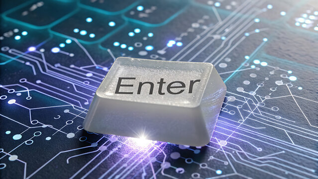 Digital enter key on futuristic circuit board with glowing blue light technology concept