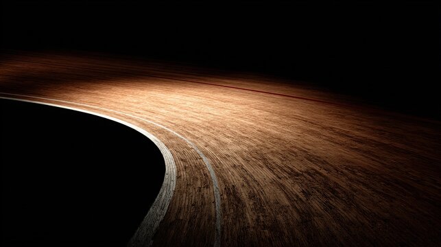 Macro of wooden indoor track curve, spotlight sculpting wood grain, empty track charged with speed and power