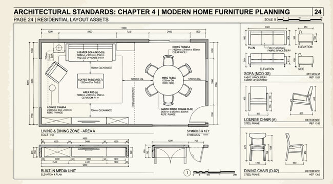 Architectural standards page for modern home furniture planning and residential layout assets