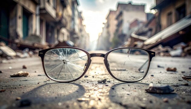 A pair of shattered eyeglasses lying on a dusty, ruined cobblestone street, symbolizing the loss of vision and the aftermath of destruction.