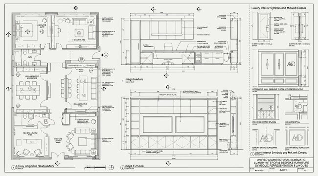 Detailed architectural floor plan and interior elevations for residential design
