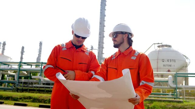 Workers discuss plans at an industrial site in bright orange uniforms and hard hats