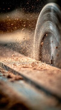 High-speed rotating saw blade cutting through wood with flying sawdust particles captured during woodworking process in workshop environment