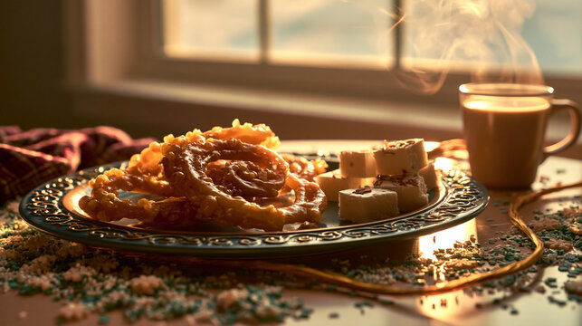 jalebi. Golden jalebi and white barfi on festive plate, edible confetti, chai cup, Pakistani sweets celebration concept for Independence Day. event programs.