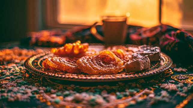 jalebi. Golden jalebi and white barfi on festive plate, edible confetti, chai cup, Pakistani sweets celebration concept for Independence Day. event programs.