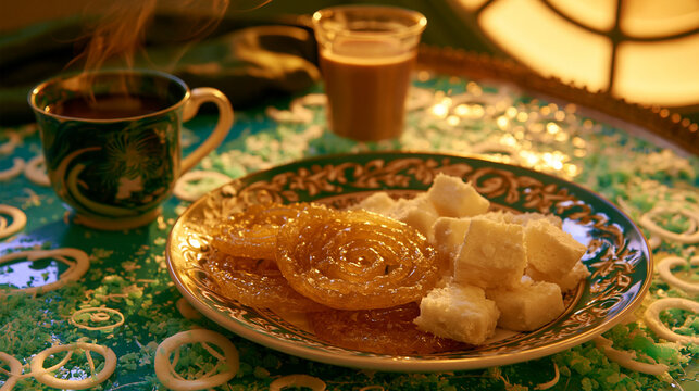 jalebi. Golden jalebi and white barfi on festive plate, edible confetti, chai cup, Pakistani sweets celebration concept for Independence Day. event programs.