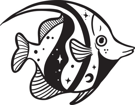 Celestial Fish Illustration Black And White Tropical Angelfish Tattoo Style Ocean Vector Art