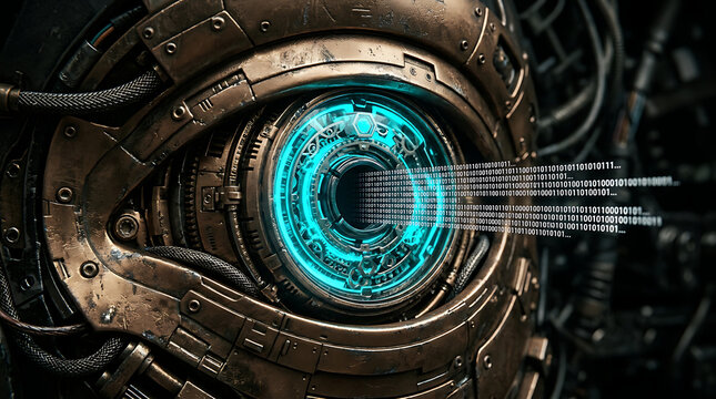 Futuristic cybernetic eye with digital data stream glowing blue