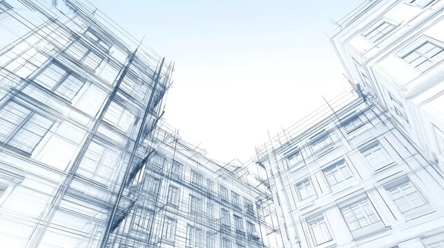 Modern Architectural Wireframe Concept Illustrating Building Structure in Clear Blue Sky Background